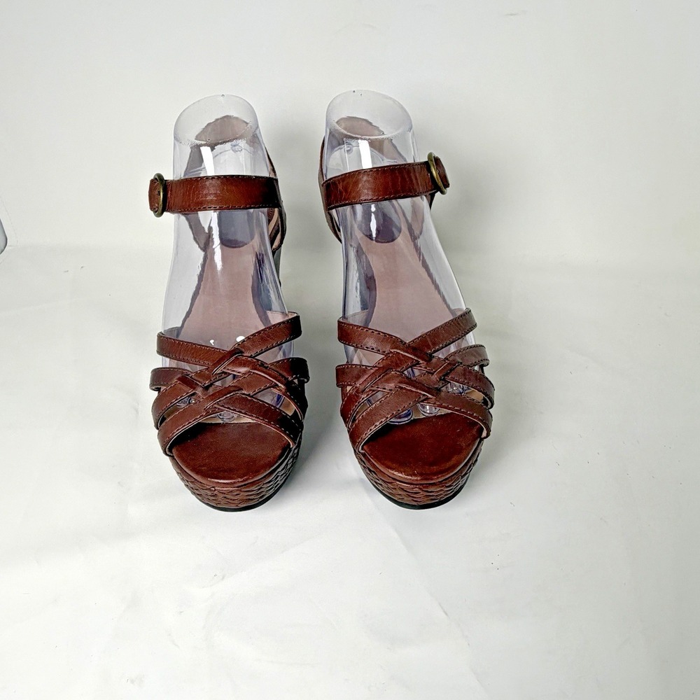 FRYE & CO CARLIE 2 PIECE LEATHER ANKLE STRAP BROWN PLATFORM WEDGE SANDALS 8M NWB - Picture 8 of 12
